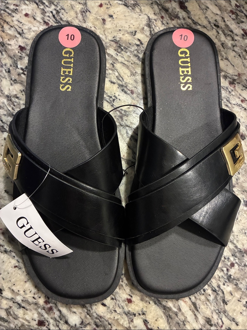GUESS Black Crisscross Slide Sandals with Gold Accent